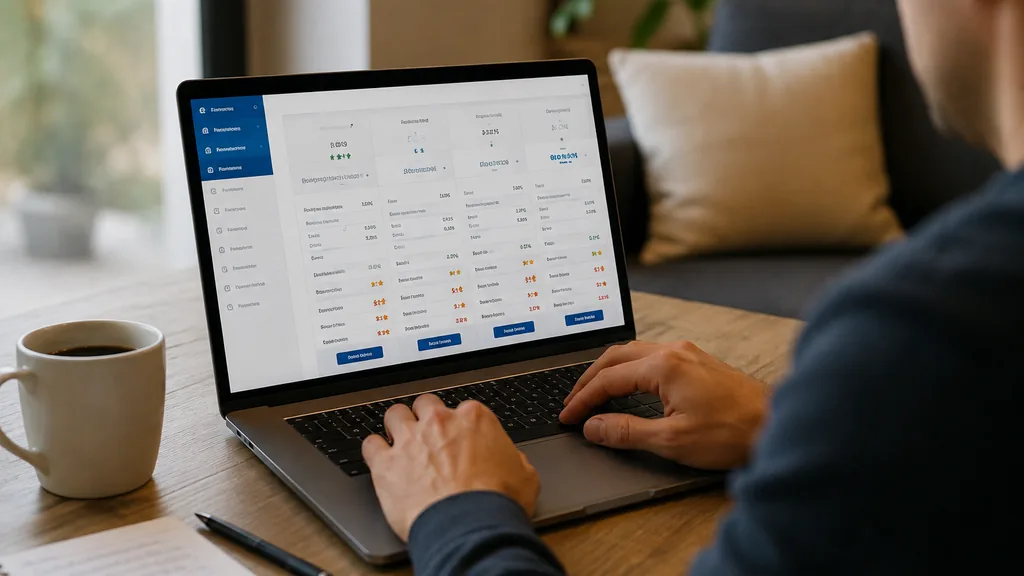 Personne installée sur un canapé, comparant sur un ordinateur portable un tableau de contrats d'assurance-vie