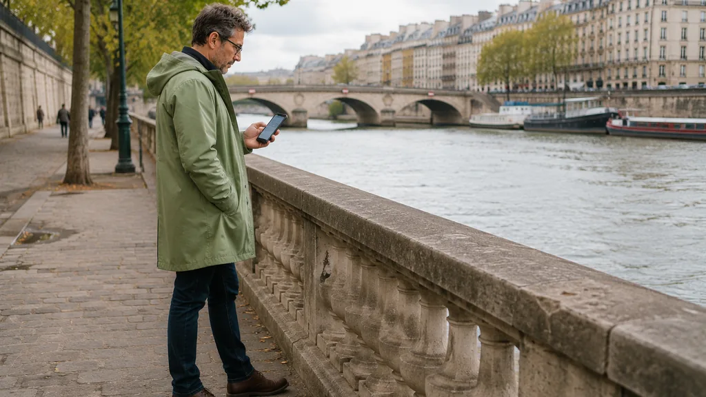 Personne arrêtée le long d'un quai, comparant sur son smartphone frais de courtage, frais de change et accès aux marchés
