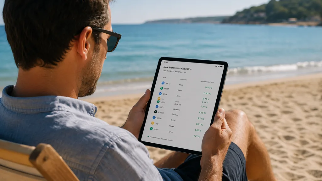 Homme installé dans un salon, comparant sur son smartphone une liste de rendements de stablecoins