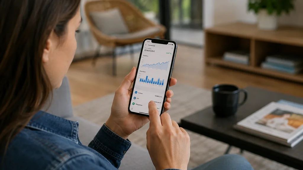 Femme dans son salon, consultant sur son smartphone le tableau de bord de ses comptes