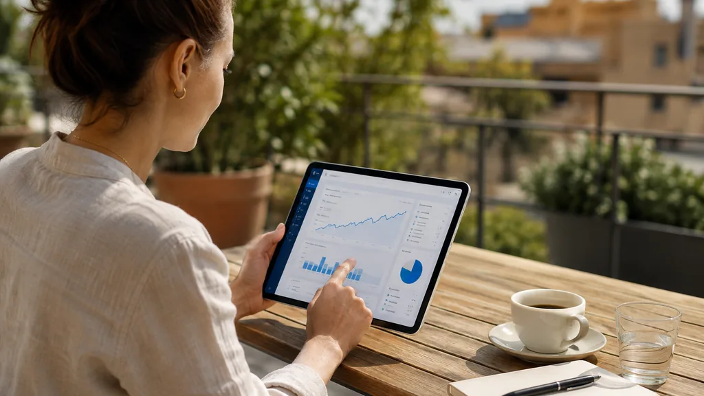 Femme sur une terrasse végétalisée, consultant sur une tablette la performance et la répartition d'un PEA