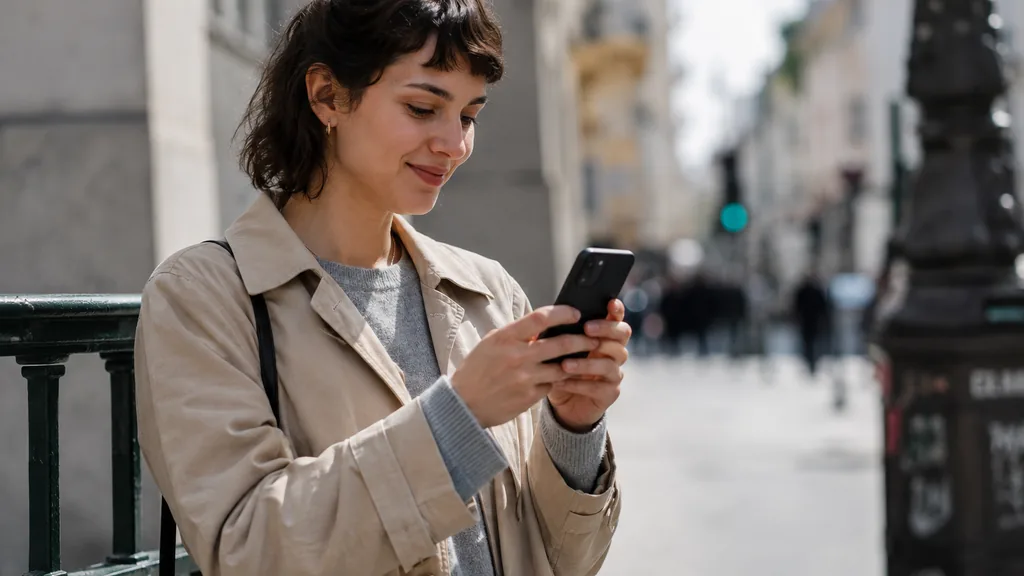 Jeune femme marchant dans une rue, consultant les taux du moment sur son smartphone