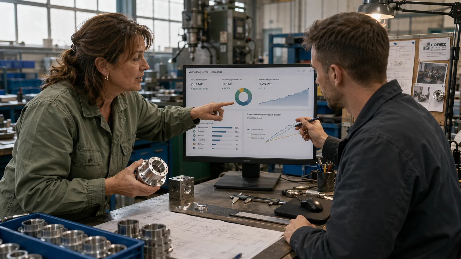 Une dirigeante de PME échange avec un technicien dans un atelier de fabrication