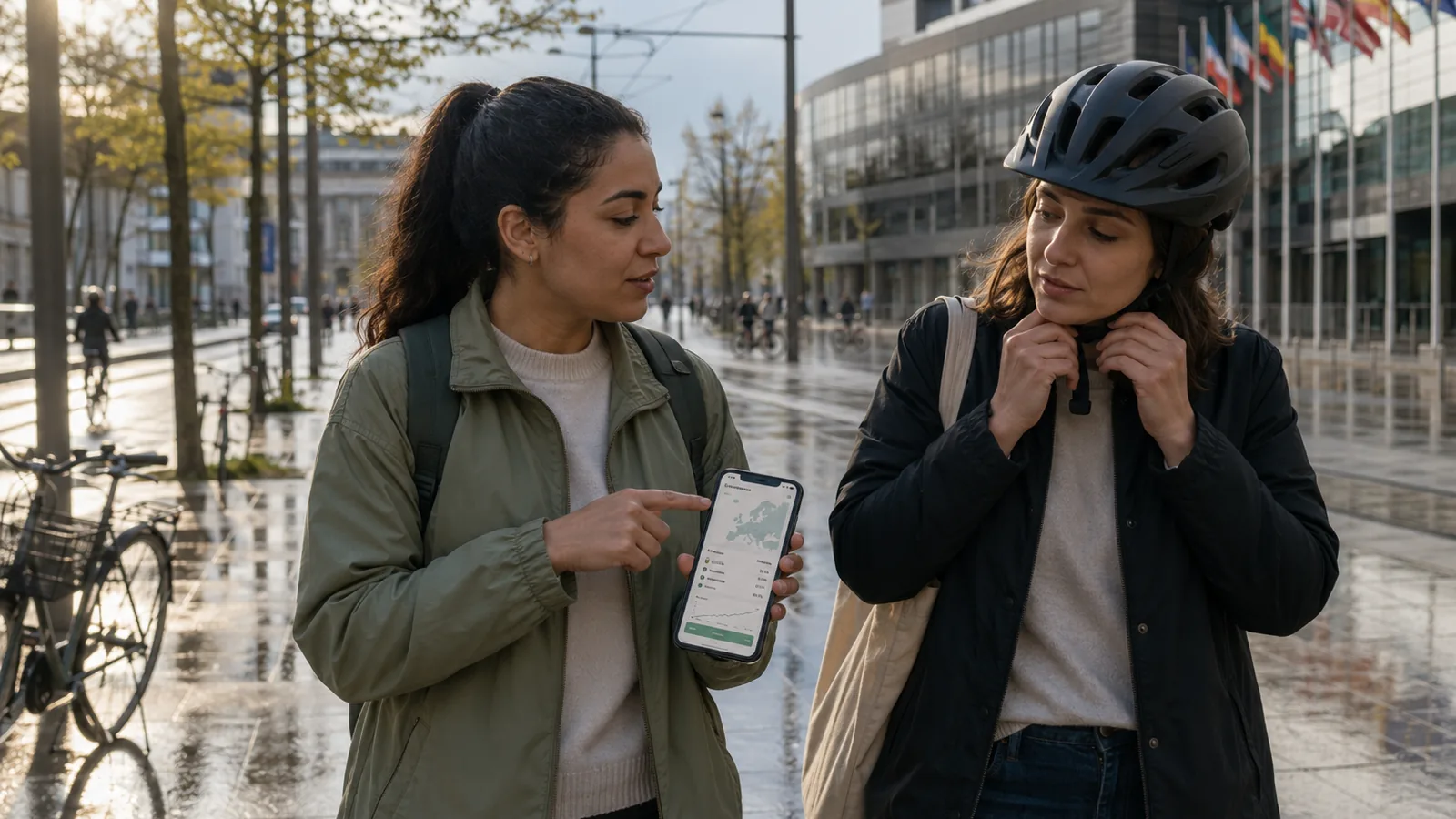 Une jeune investisseuse suit ses actions européennes depuis son téléphone à Strasbourg