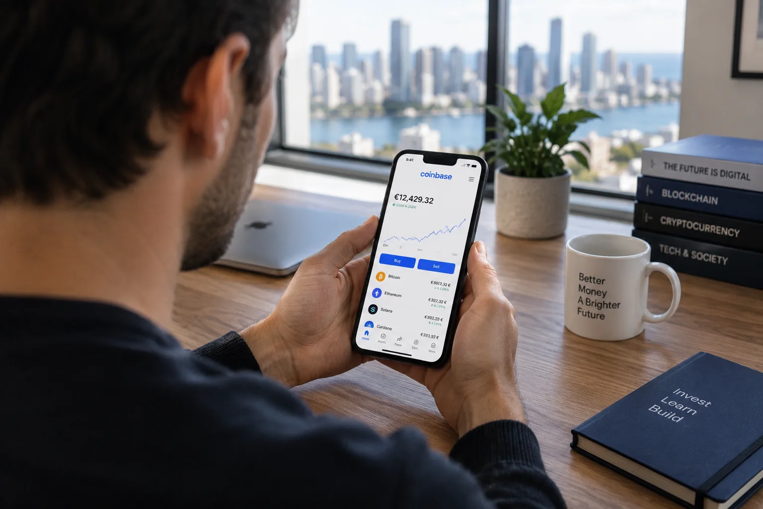 Écran affichant le tableau de bord Coinbase et la répartition d’un portefeuille crypto, devant une vue de New York