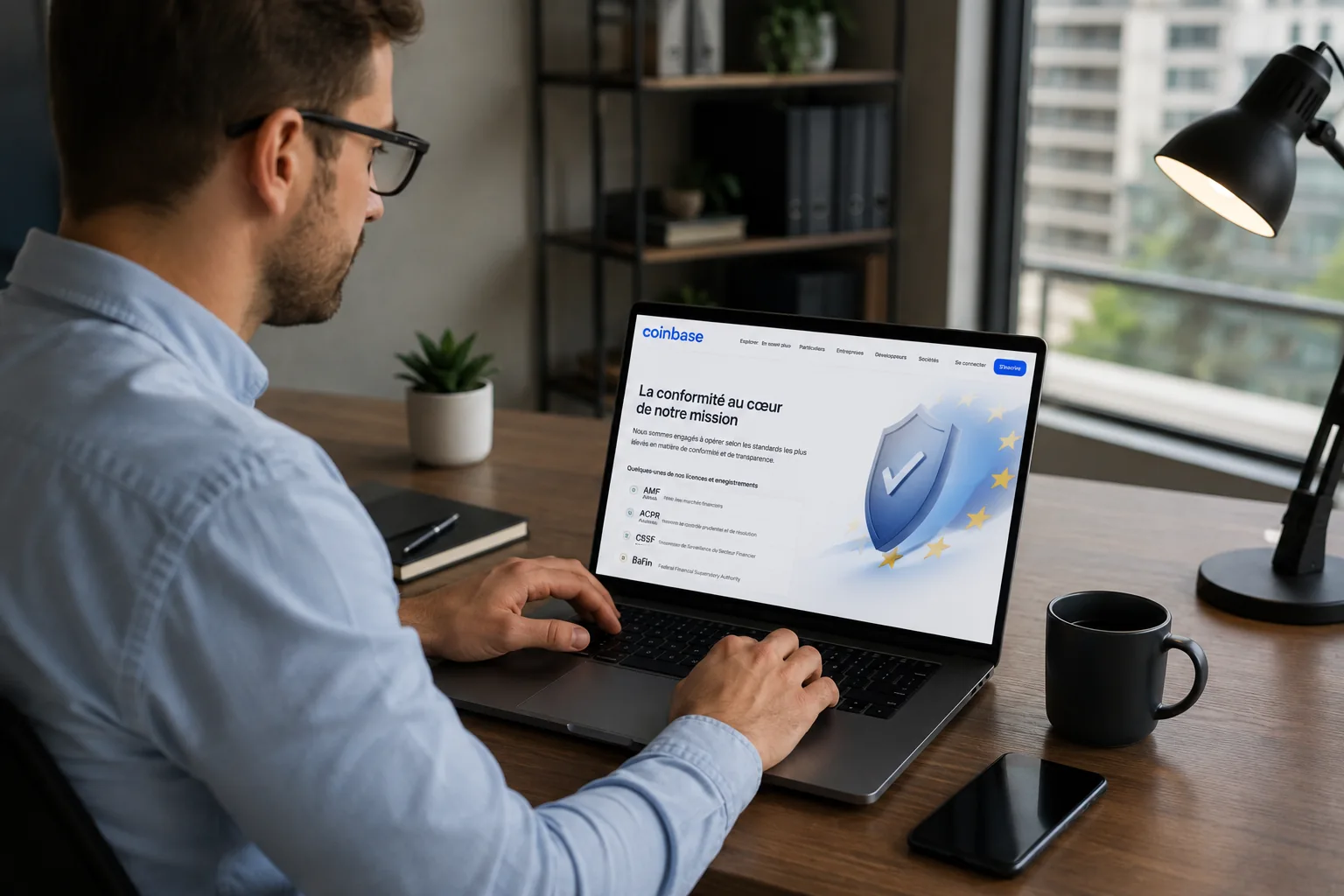 Ordinateur portable montrant un compte Coinbase vérifié et ses mentions de conformité européenne, à Dublin