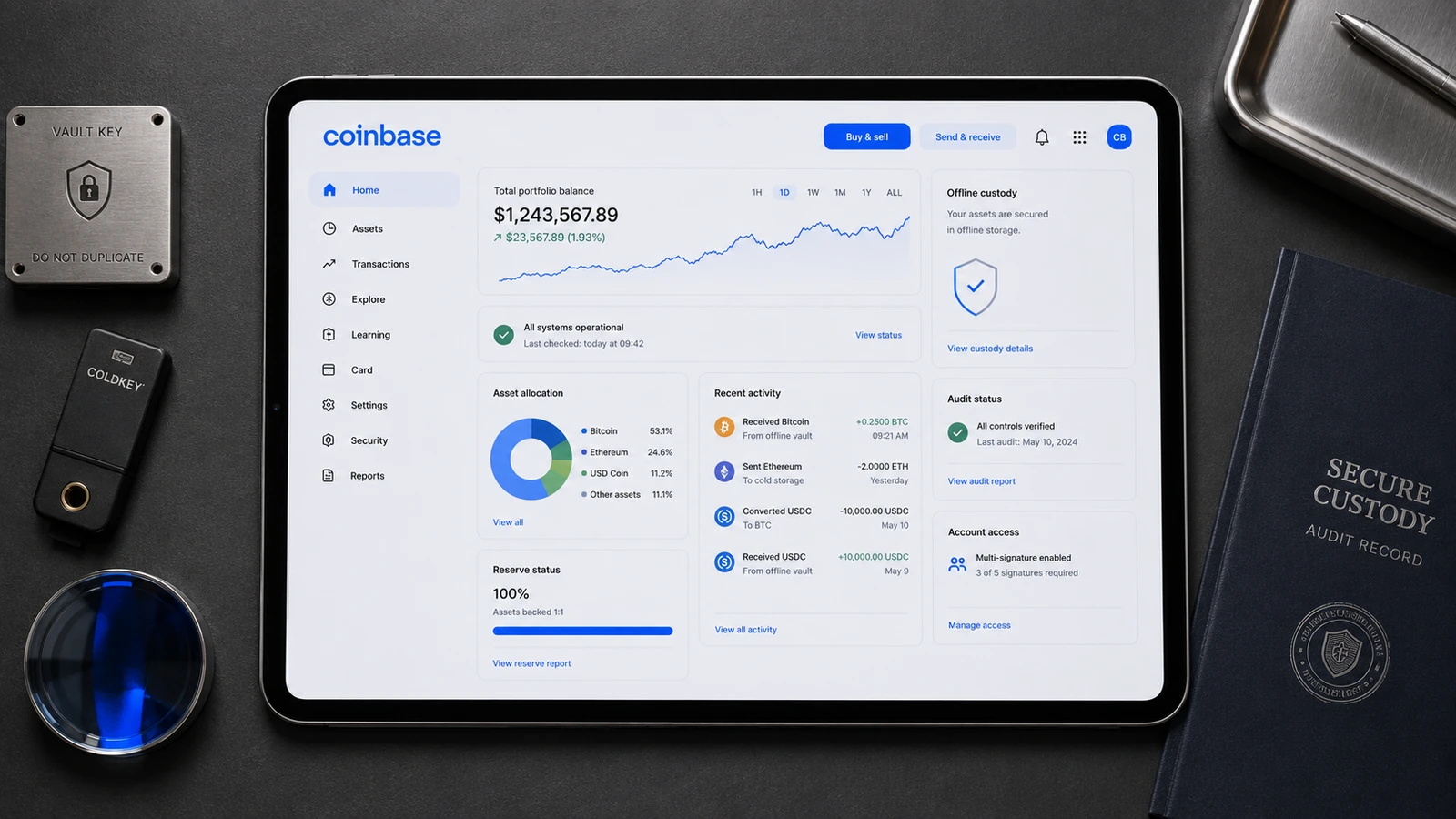 Tablette Coinbase présentant la conservation hors ligne des actifs et l’état des audits de sécurité