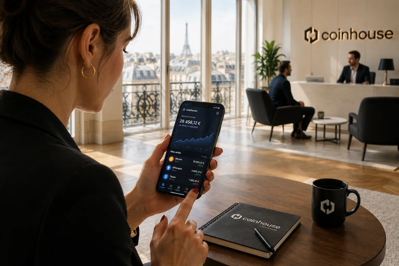 Tablette affichant le tableau de bord Coinhouse en français, dans un cabinet de conseil patrimonial