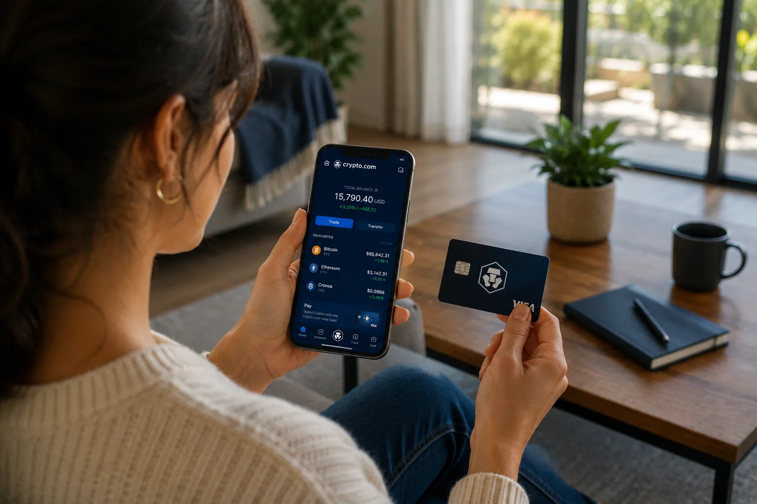 Smartphone Crypto.com et carte Visa Platinum présentés côte à côte en prise de vue produit