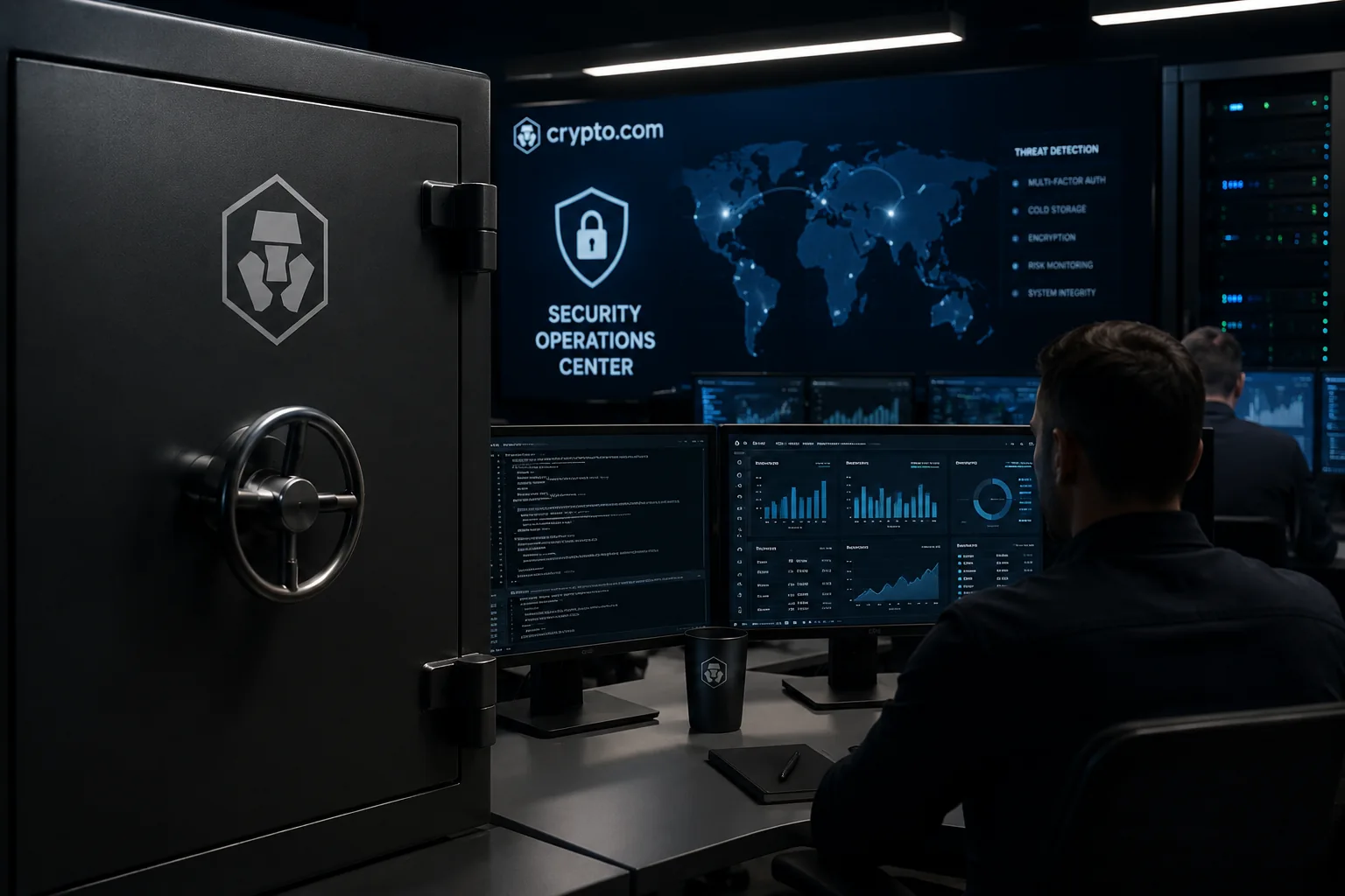 Tablette Crypto.com présentant l’état des réserves, la conservation à froid et le centre de sécurité