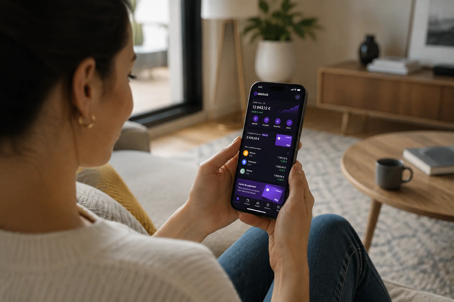 Smartphone Deblock et carte de paiement corail dans un atelier fintech parisien