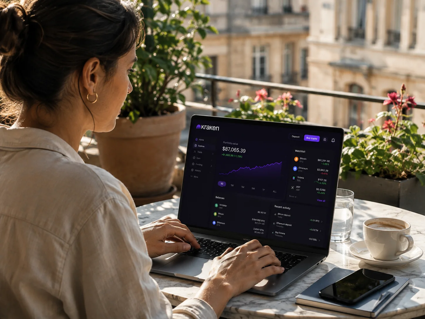 Écran affichant le tableau de bord Kraken avec le cours du bitcoin et le suivi du portefeuille