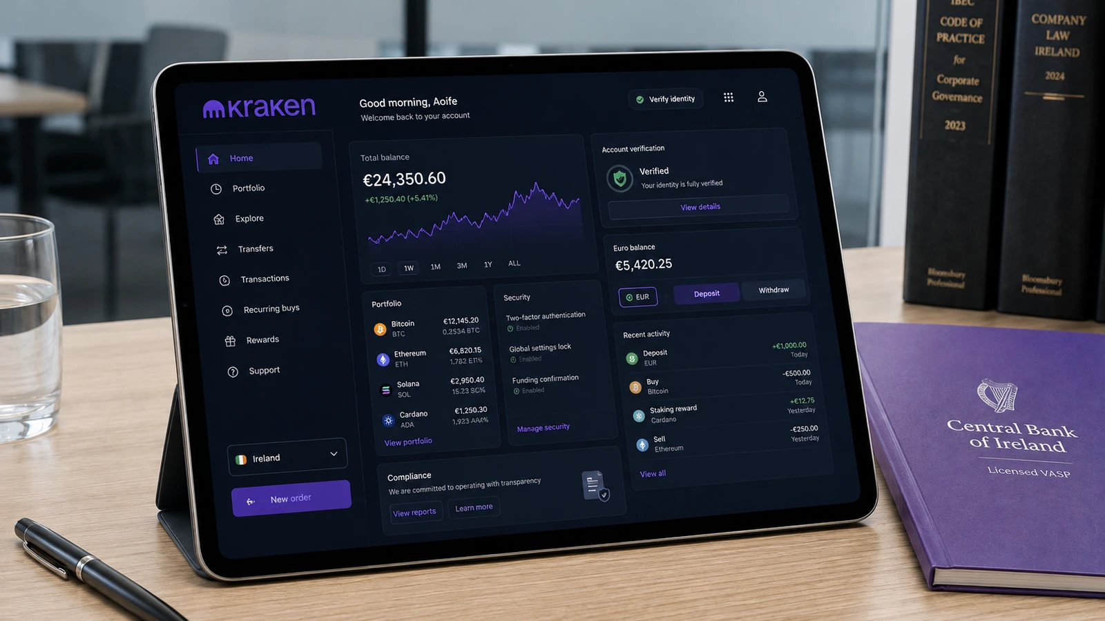 Tablette montrant un compte Kraken vérifié en Irlande, à côté d’un dossier de banque centrale