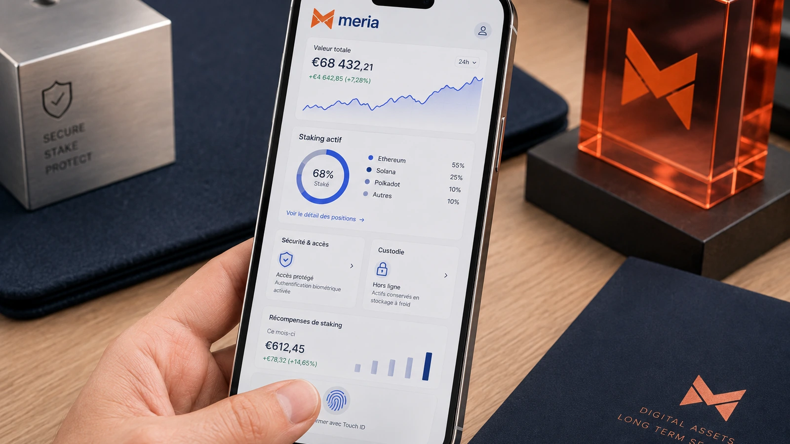 Smartphone Meria validant un accès par empreinte digitale sur un plan de travail sécurisé