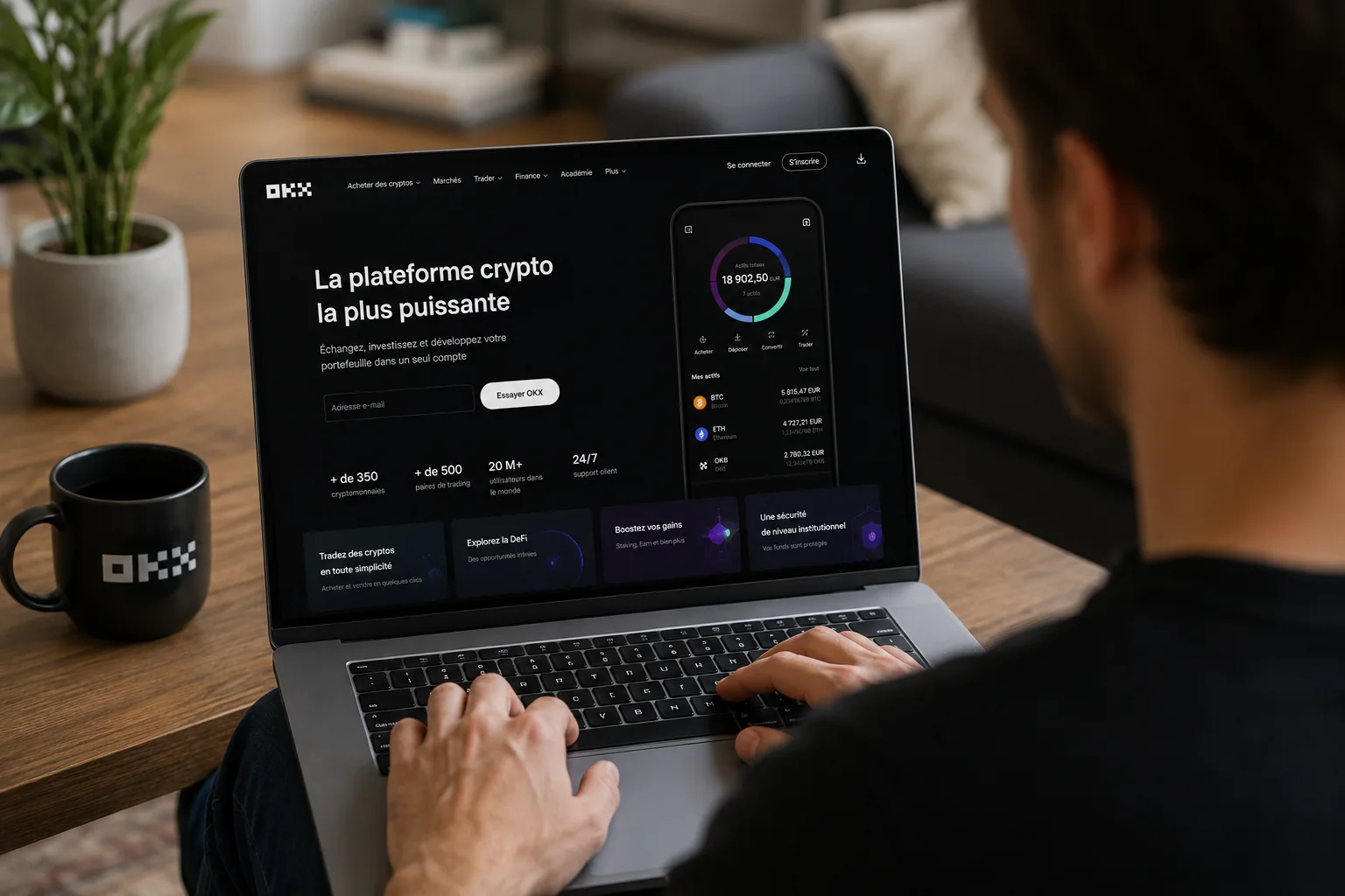 Écran affichant le tableau de bord OKX avec les marchés, le portefeuille et l’accès Web3