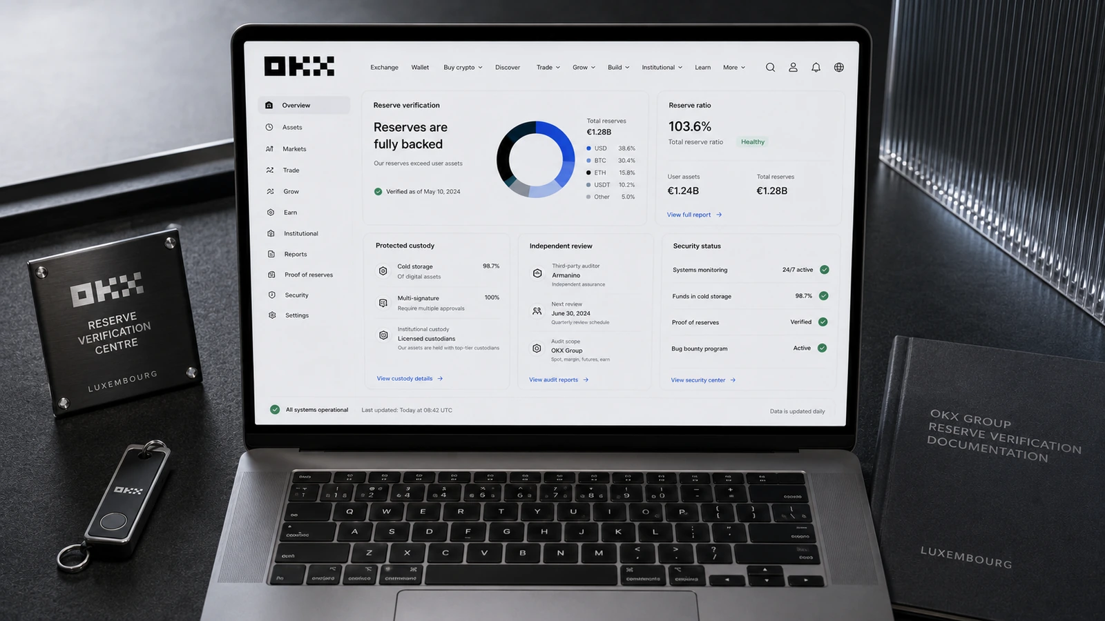 Ordinateur portable OKX affichant la vérification des réserves et l’état des dispositifs de sécurité
