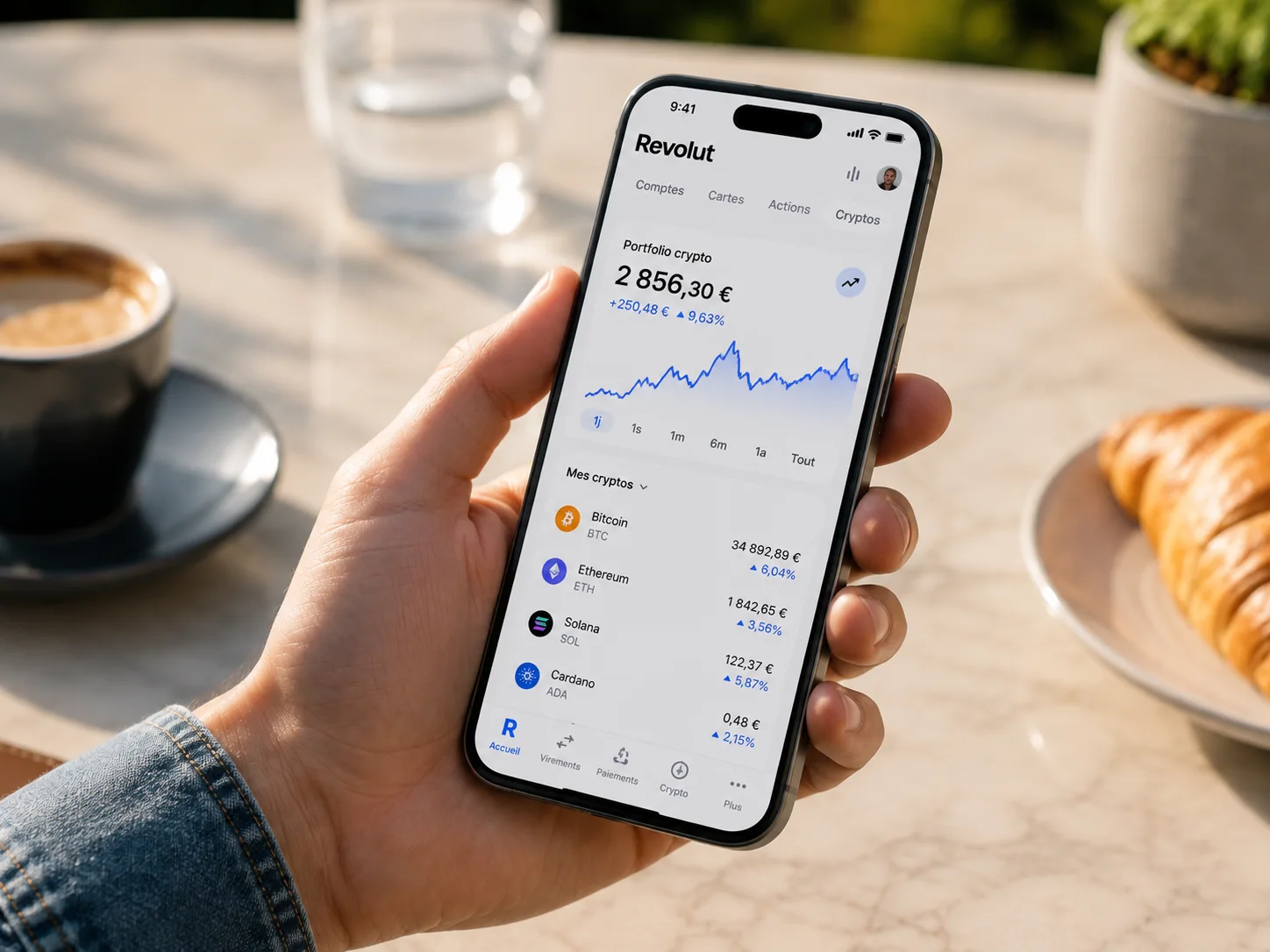 Smartphone Revolut affichant les comptes, le change et le portefeuille crypto en prise de vue produit