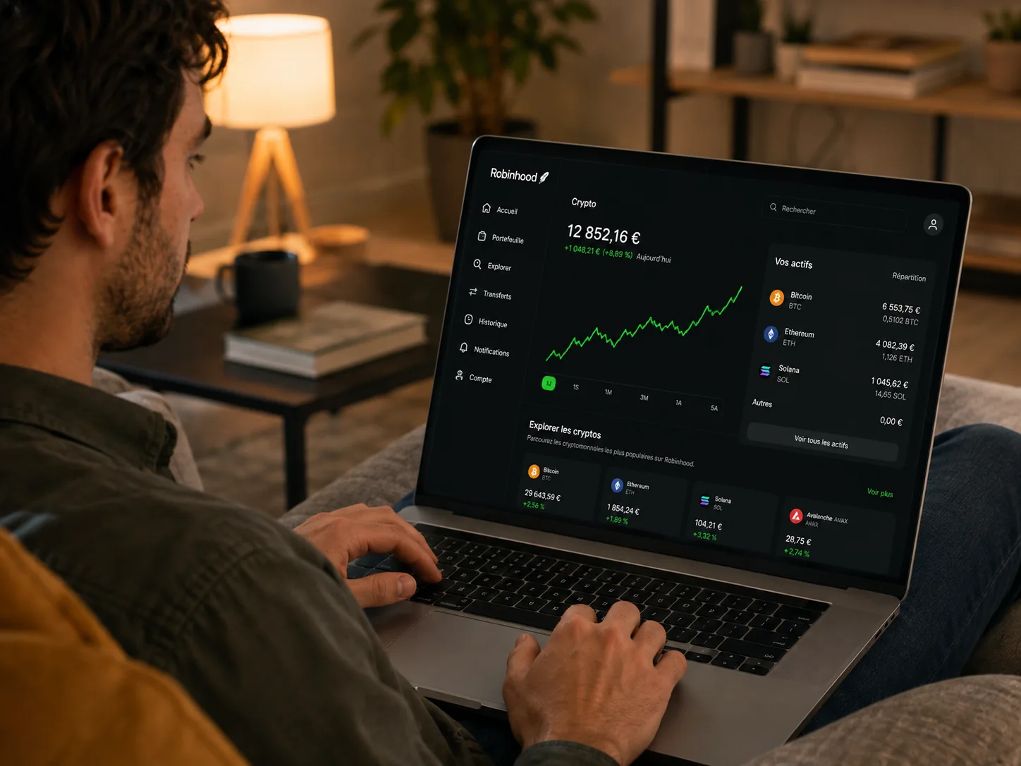 Tablette Robinhood montrant un compte vérifié et ses informations réglementaires luxembourgeoises