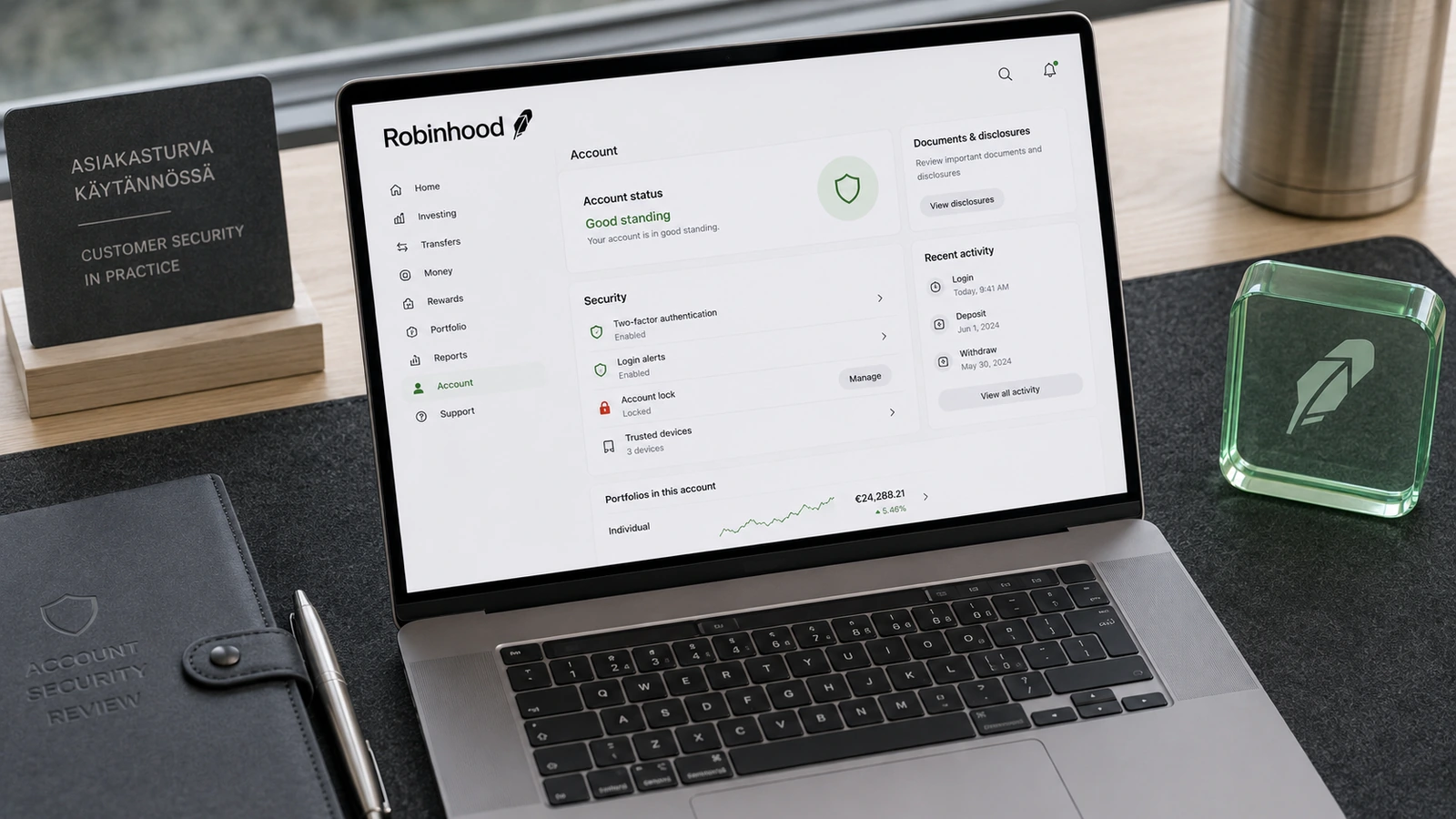 Ordinateur portable Robinhood affichant l’état du compte, la double authentification et les alertes de connexion