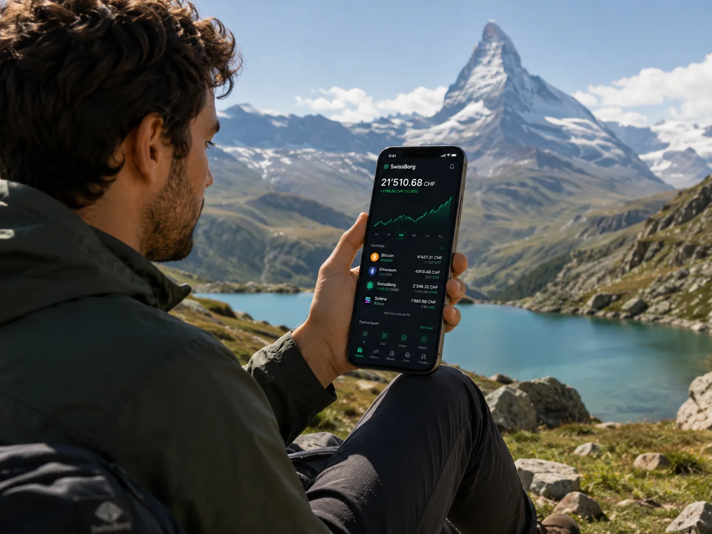 Smartphone SwissBorg affichant le solde en francs suisses et ses stratégies de rendement