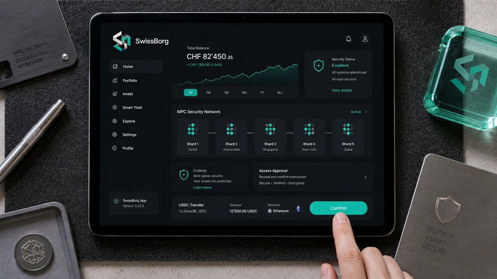 Tablette SwissBorg affichant un réseau de sécurité MPC réparti et la confirmation d’un transfert