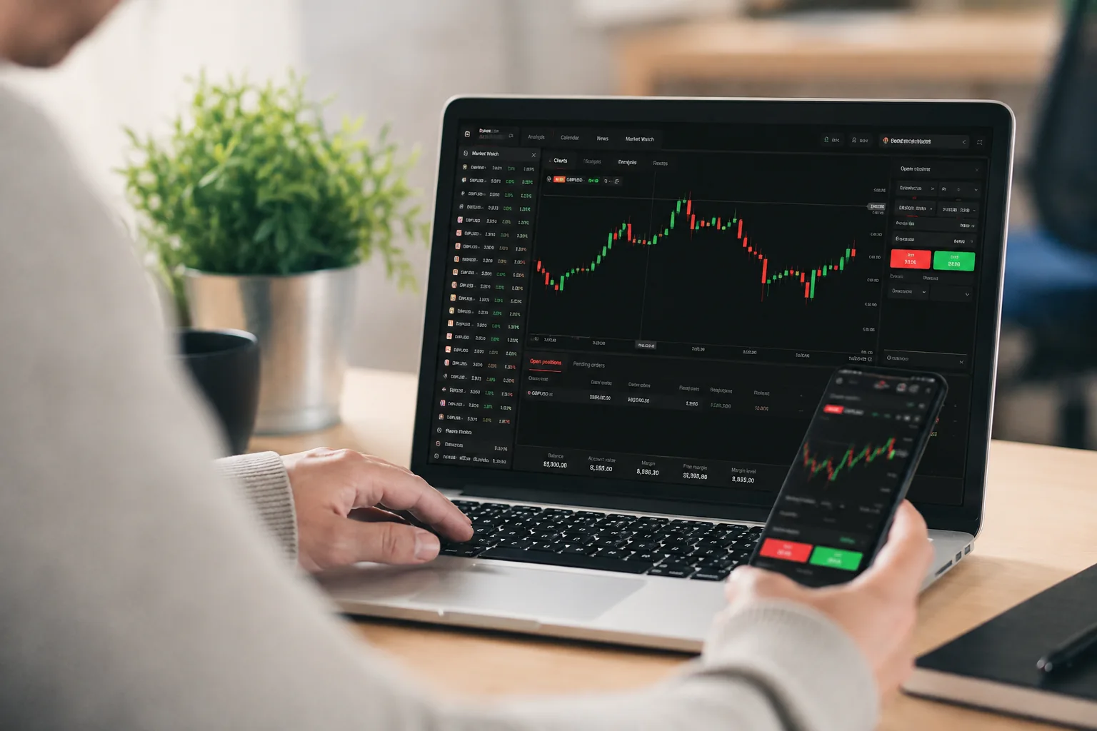 Écran affichant la plateforme XTB avec le portefeuille, les marchés et la liste de suivi