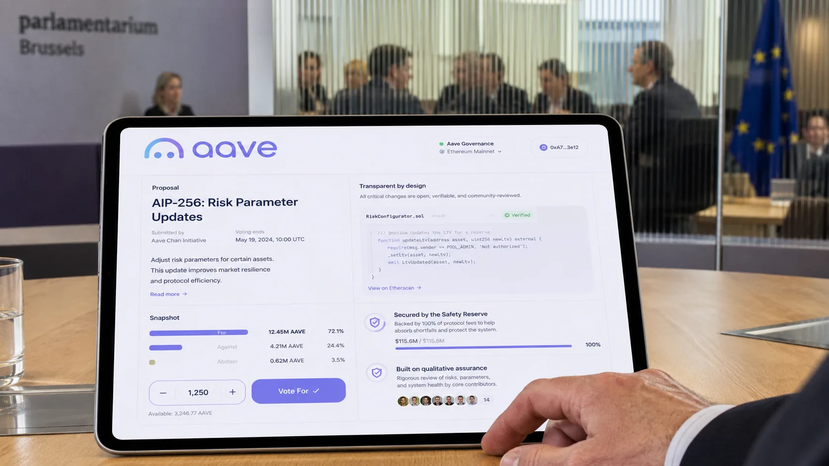 Tablette ouverte sur l’interface de gouvernance Aave dans une salle de vote numérique à Bruxelles