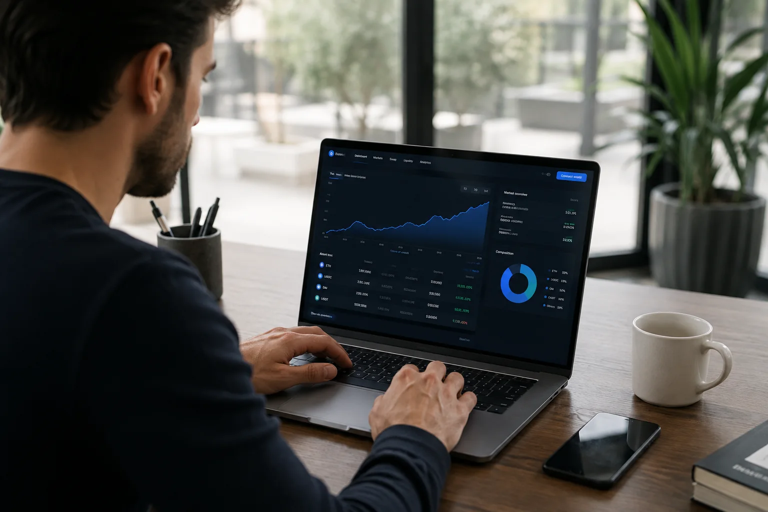 Très gros plan trois-quarts d’un moniteur ultralarge affichant l’interface unifiée Fluid, studio d’interface financière à Milan