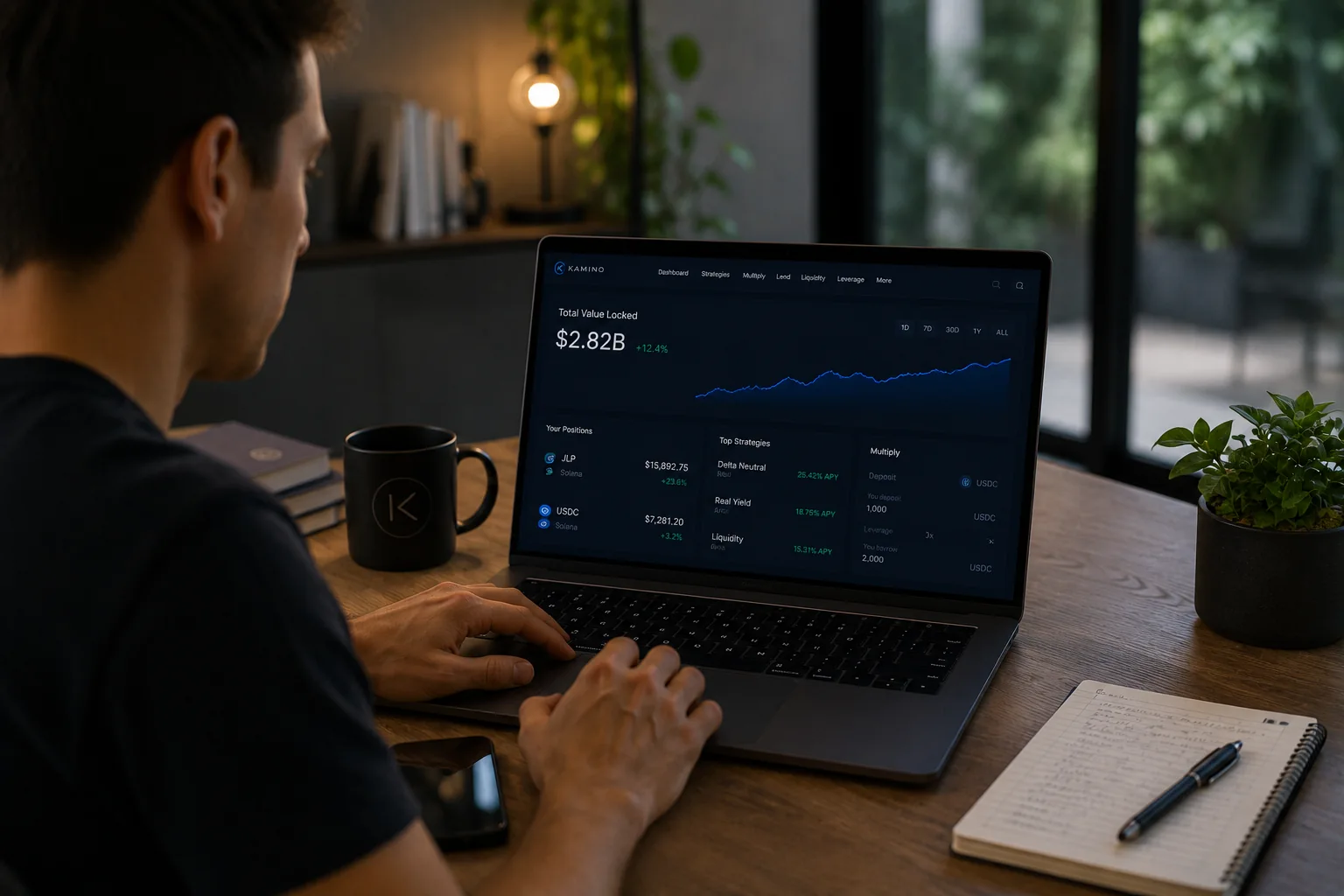 Très gros plan latéral d’une tablette sur socle affichant l’automatisation Kamino, studio financier à Paris