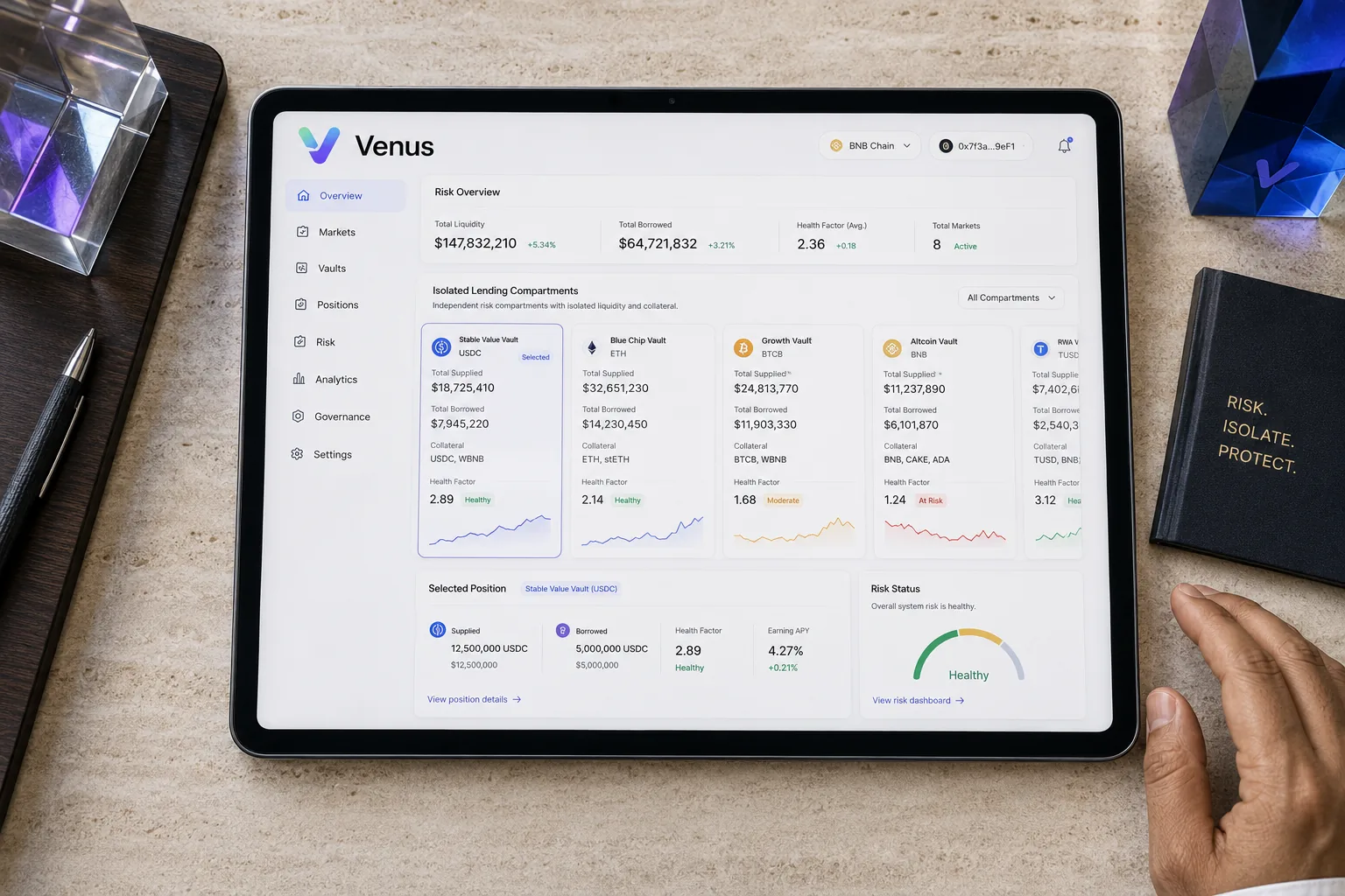 Plan zénithal serré d’une tablette montrant les marchés isolés de Venus, laboratoire de compartimentation du risque à Dubaï