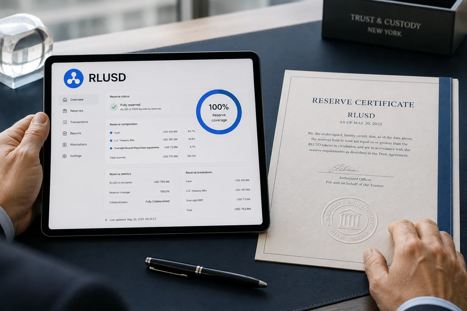 Photographie éditoriale illustrant « RLUSD (Ripple) — Sécurité & Transparence »