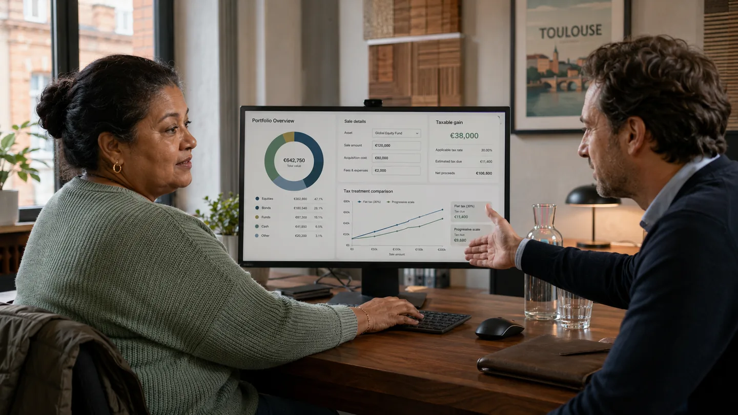 Une contribuable et un conseiller calculent une plus-value crypto sur un écran de bureau