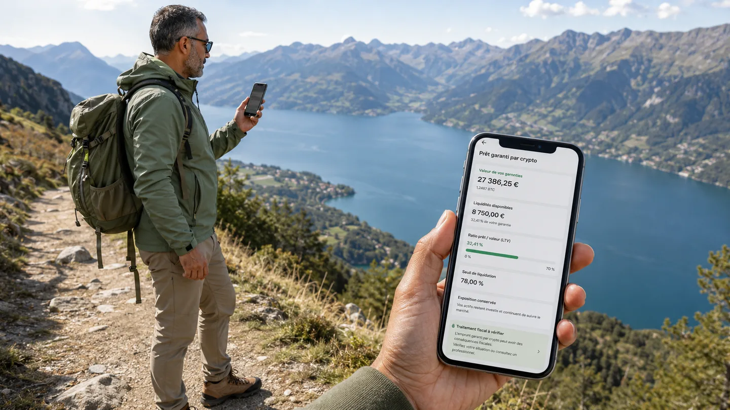Un investisseur consulte sur téléphone les paramètres d’un crédit lombard pendant une randonnée
