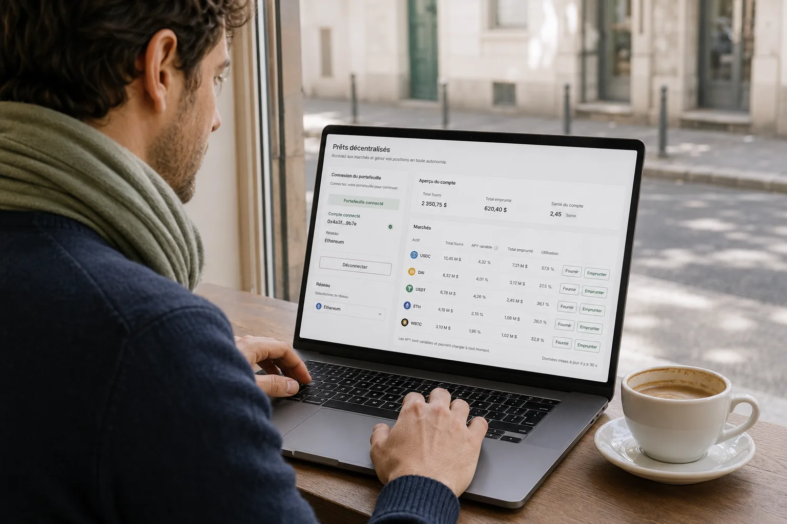 Connexion du wallet et accès au tableau de bord Aave