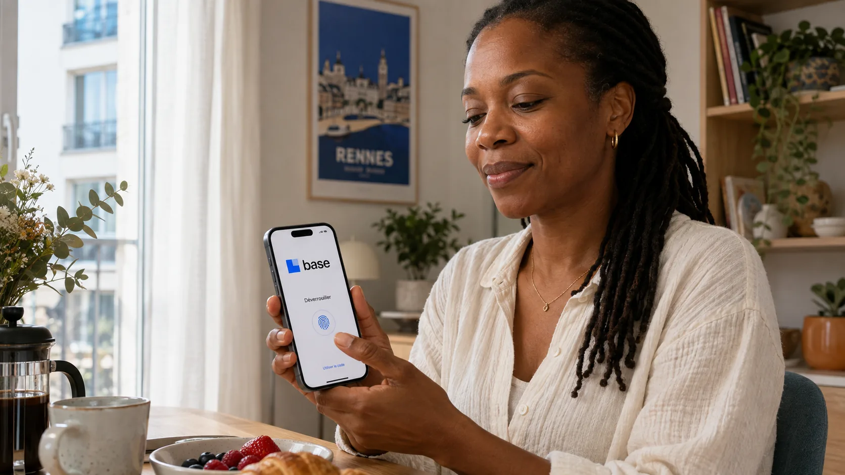 Femme consultant l’application Base sur son smartphone dans un intérieur lumineux à Rennes