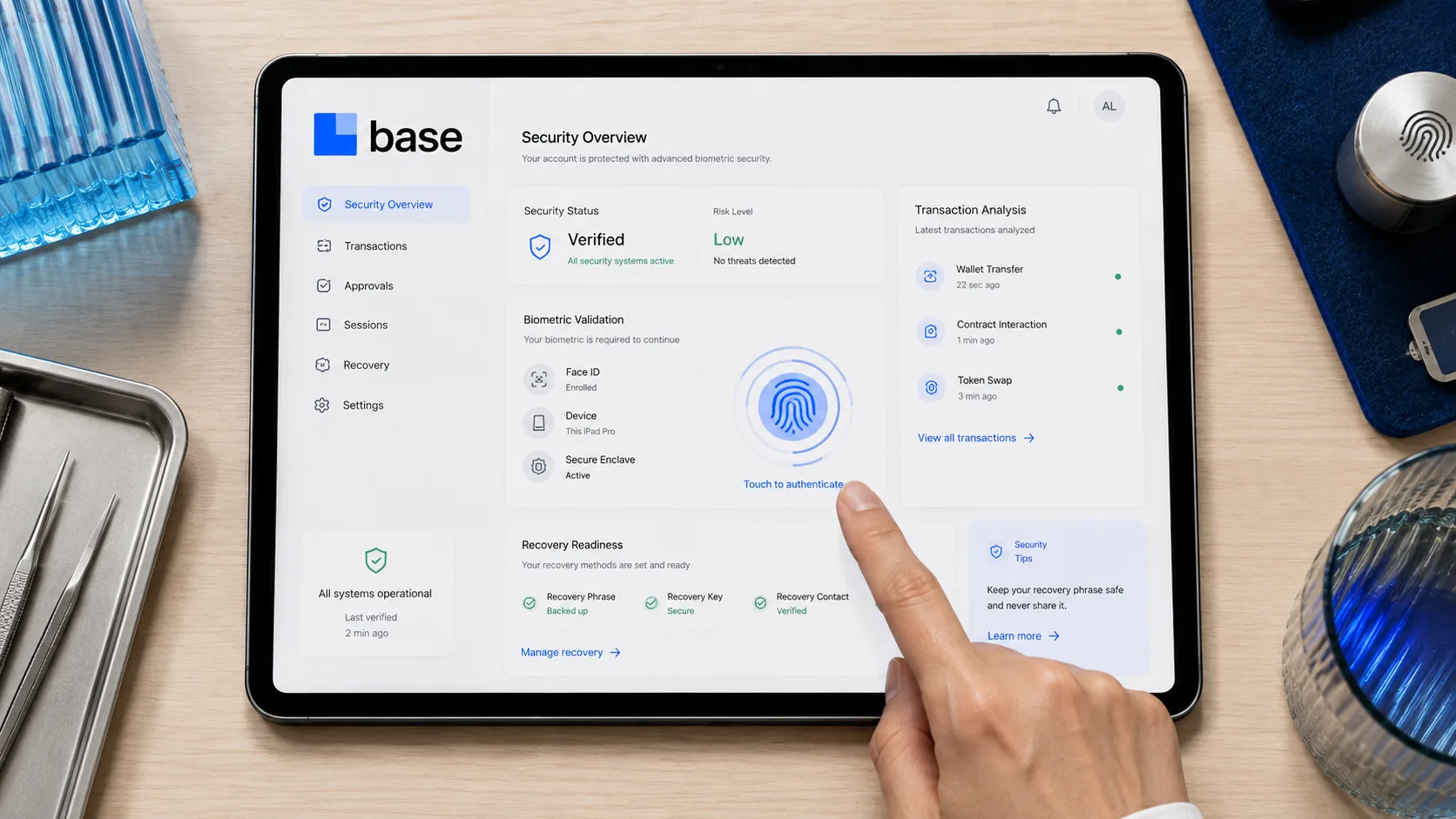 Tablette affichant les contrôles de sécurité et passkeys Base sur un banc biométrique