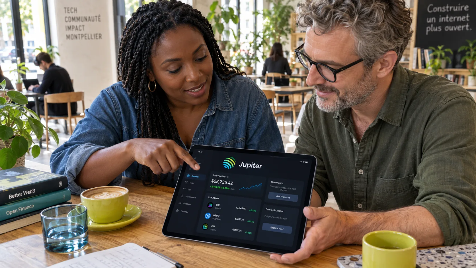 Deux personnes examinant ensemble l’interface Jupiter sur une tablette