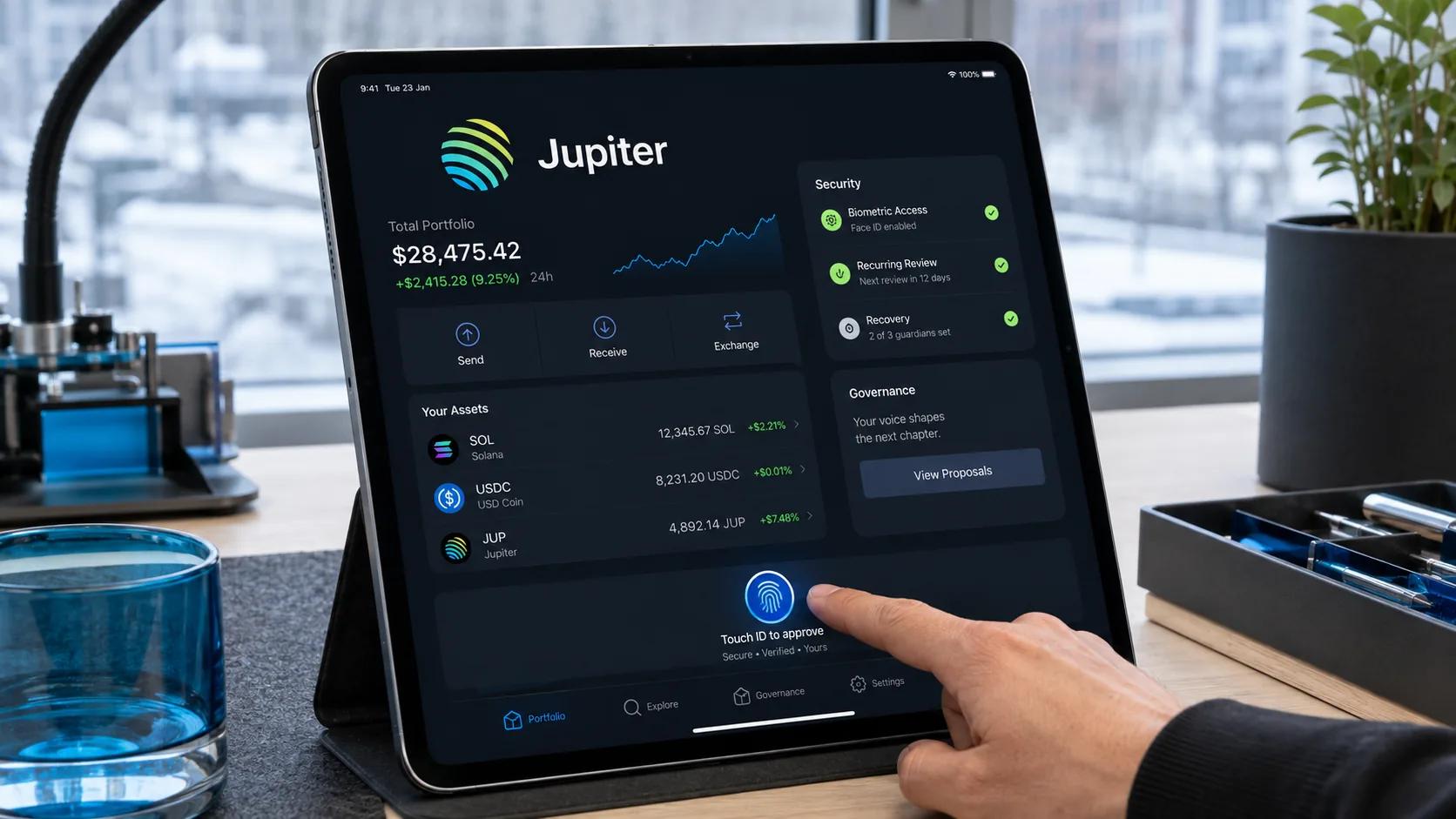 Tablette affichant les contrôles de sécurité Jupiter sur un banc technique