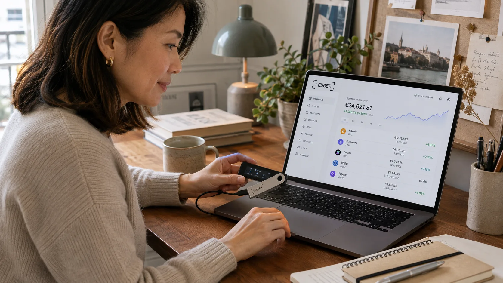 Femme consultant Ledger Live sur un ordinateur portable dans un bureau