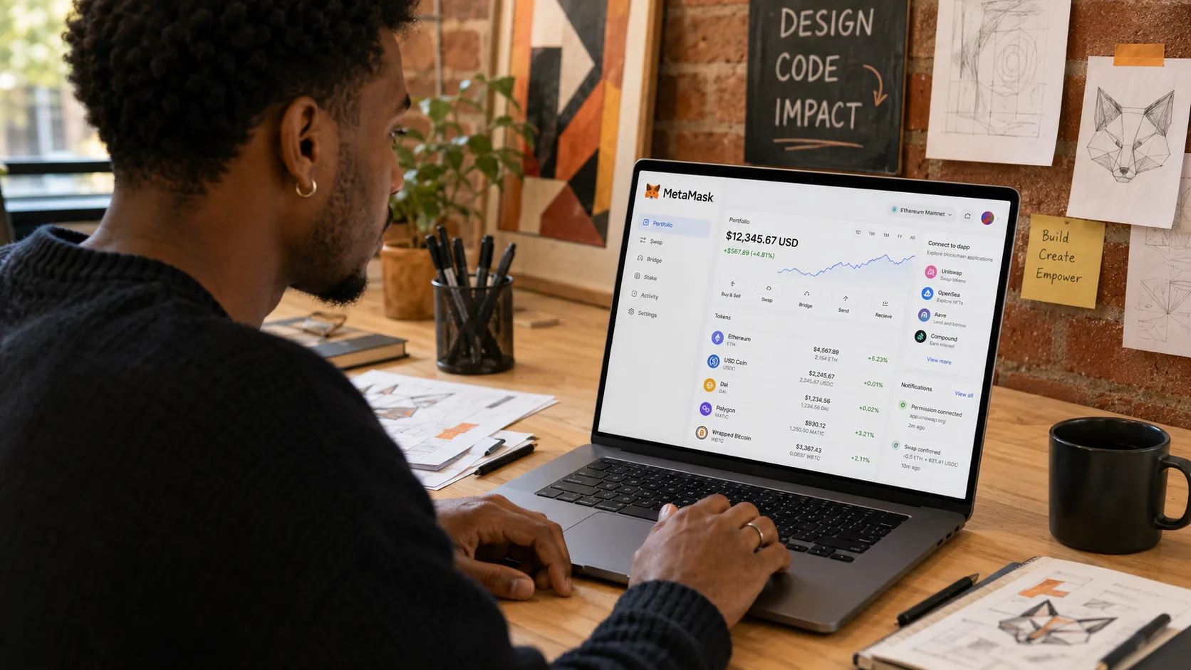 Utilisateur consultant MetaMask sur un ordinateur portable dans un atelier créatif