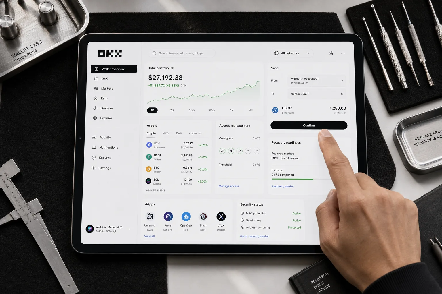 Tablette affichant les protections technologiques OKX sur un banc sécurisé