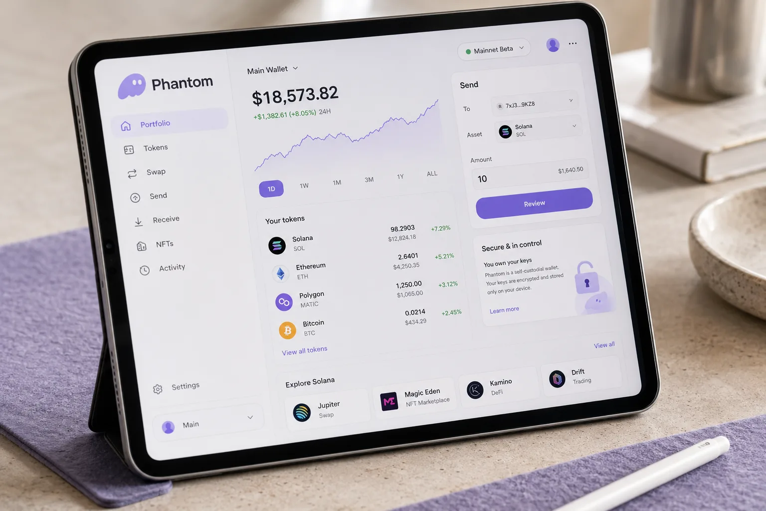 Tablette affichant le tableau de bord Phantom sur une table contemporaine