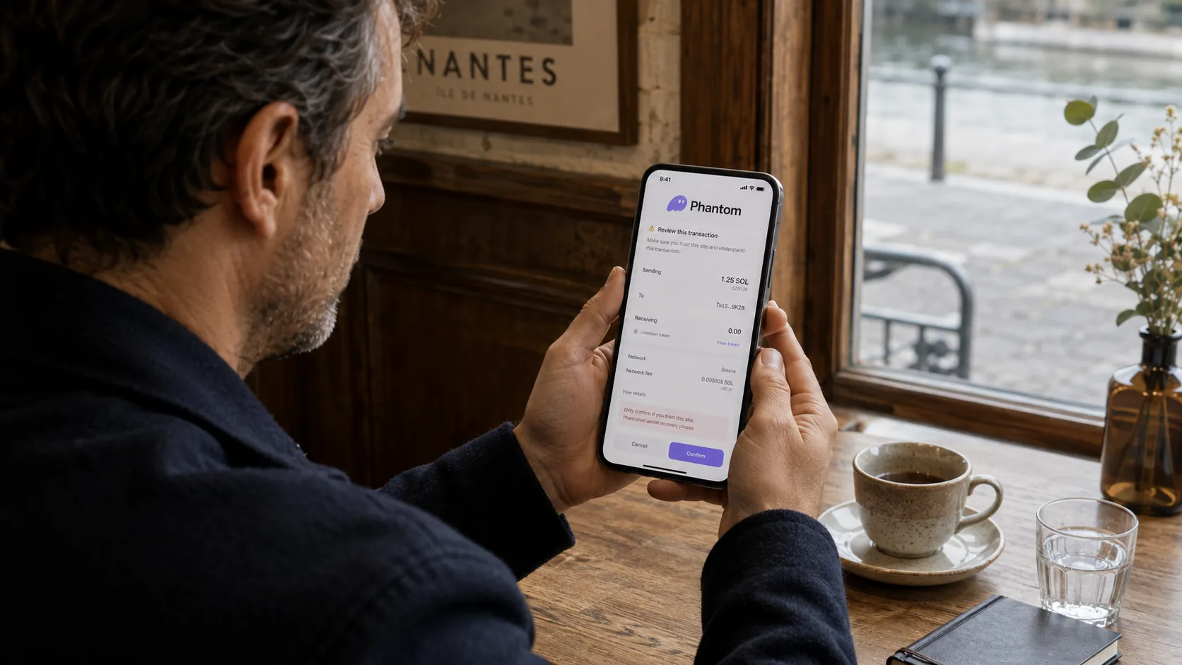 Homme vérifiant une alerte de sécurité Phantom sur son smartphone dans un café