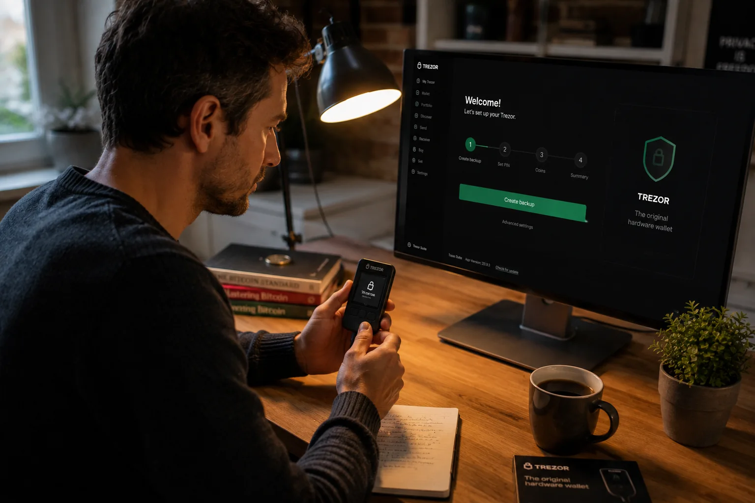 Femme vérifiant une opération Trezor entre appareil et ordinateur portable